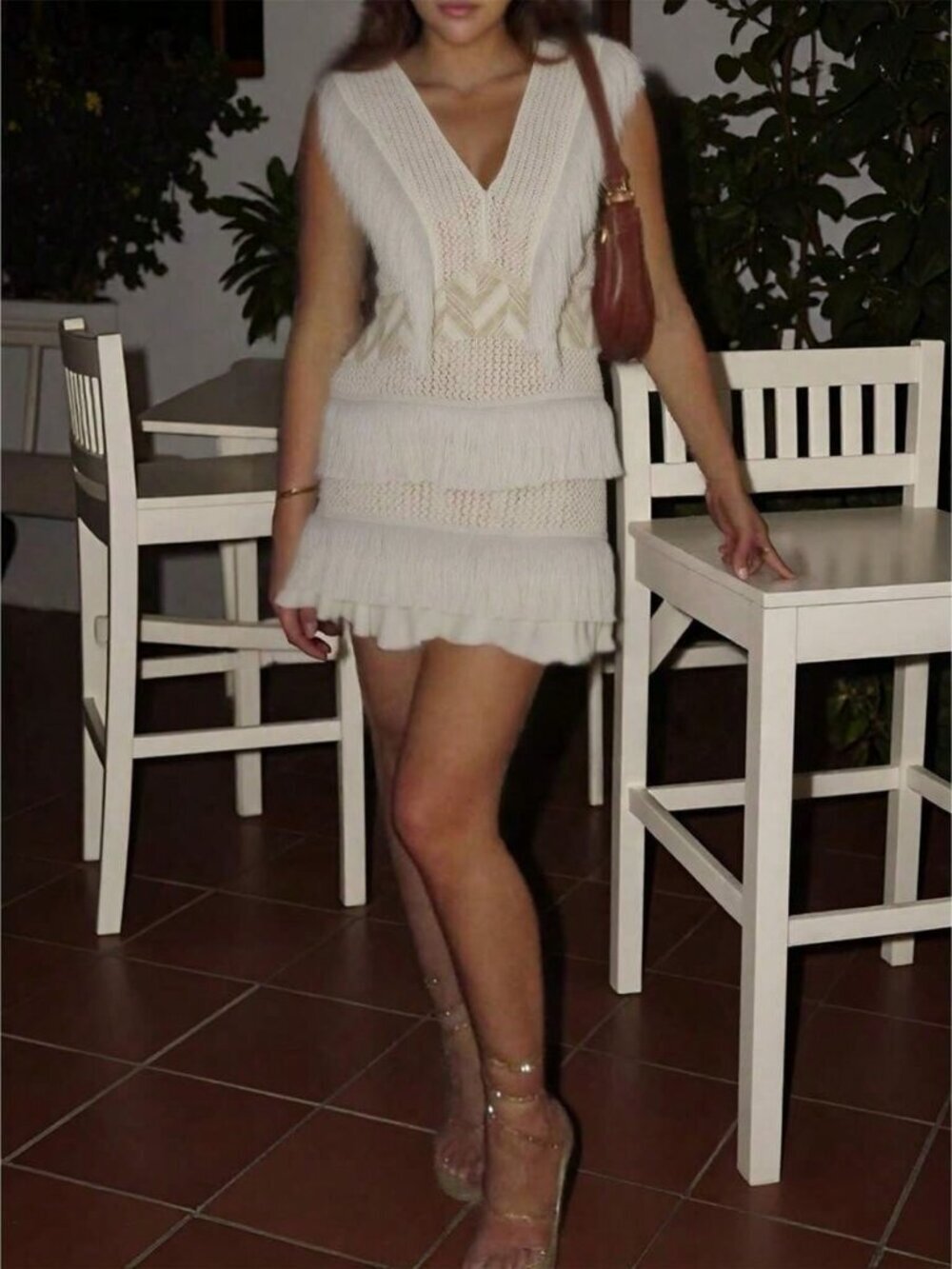 Milky White Jacquard V-Neck Fringed A-Line Women's Dress - Picture 4 of 4